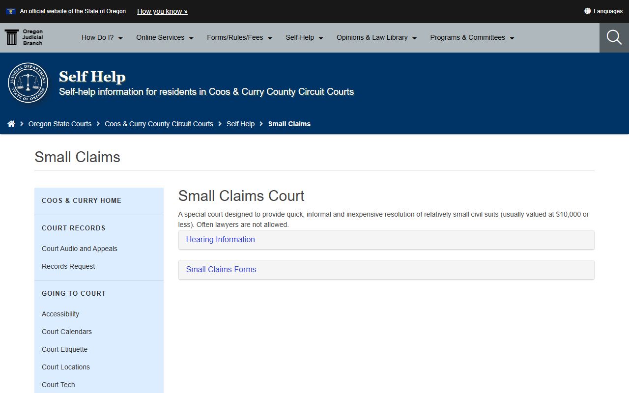 Coos County court dockets small claims mediation and hearing rules