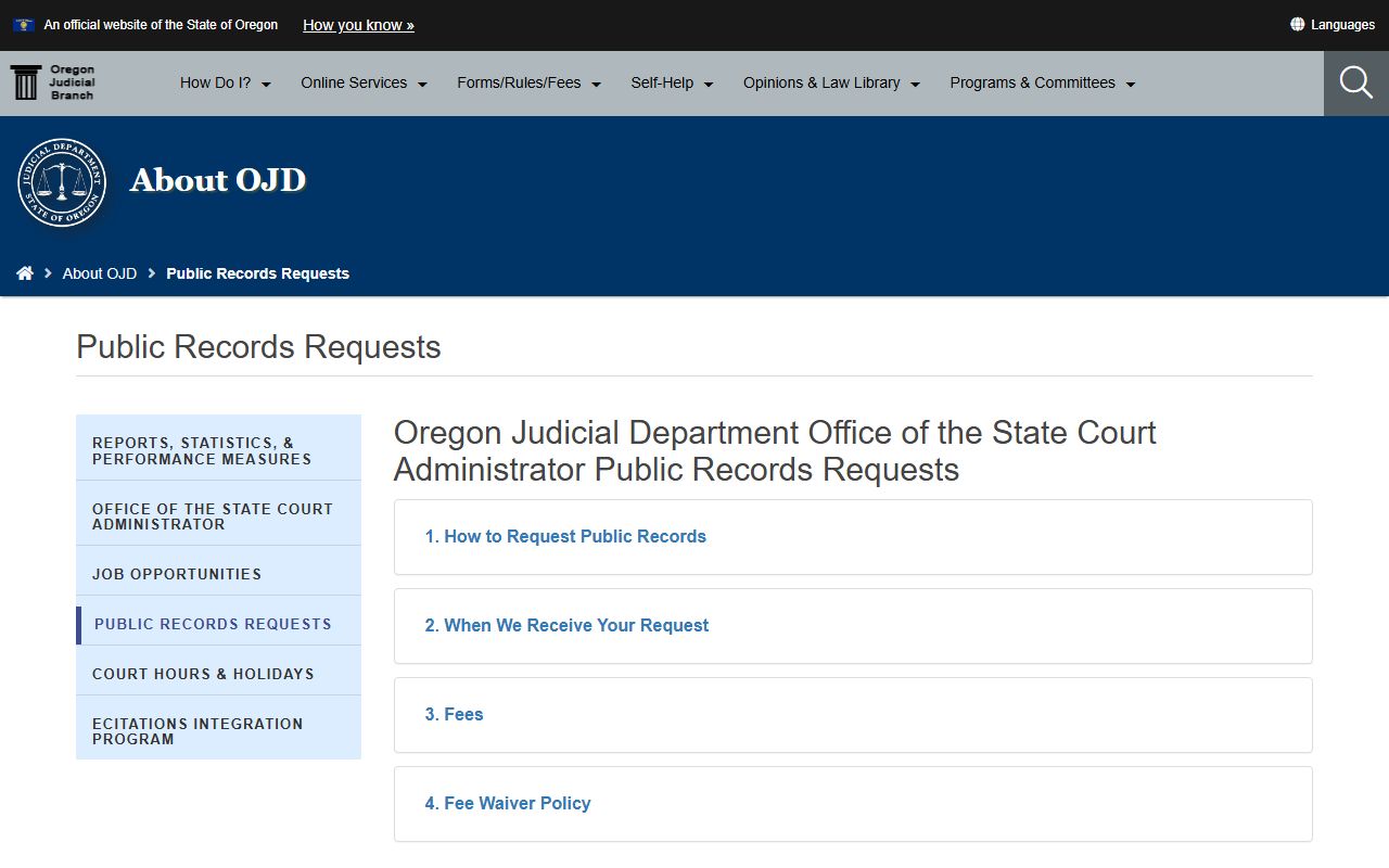 Coos County court records OJD public records request procedure