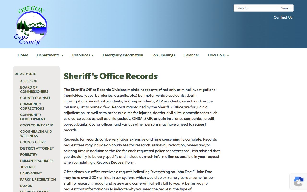 Coos County criminal court records sheriff records division