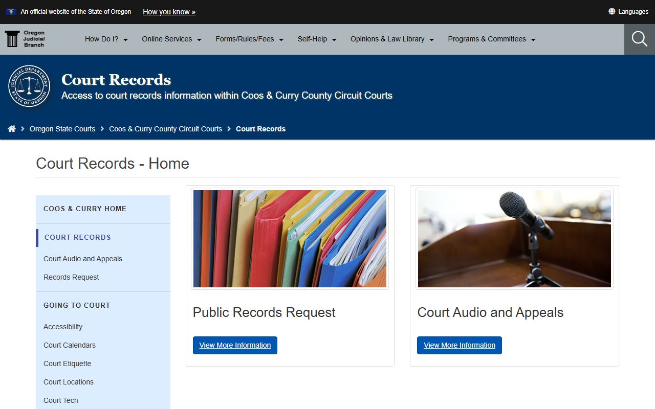 Coos County Circuit Court records page for case and calendar access