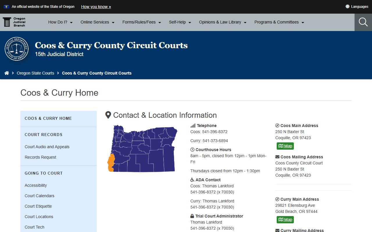 Coos County Circuit Court records home page for case lookup