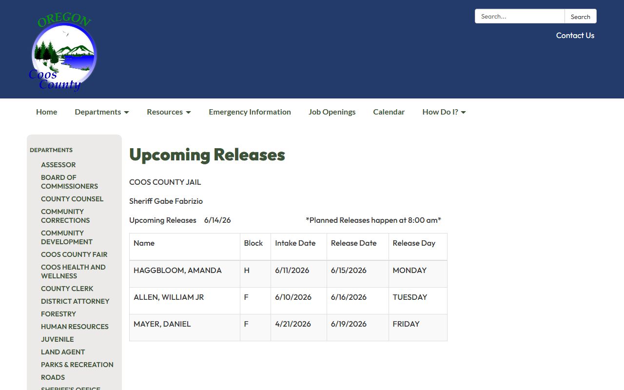 Coos County inmate records upcoming releases