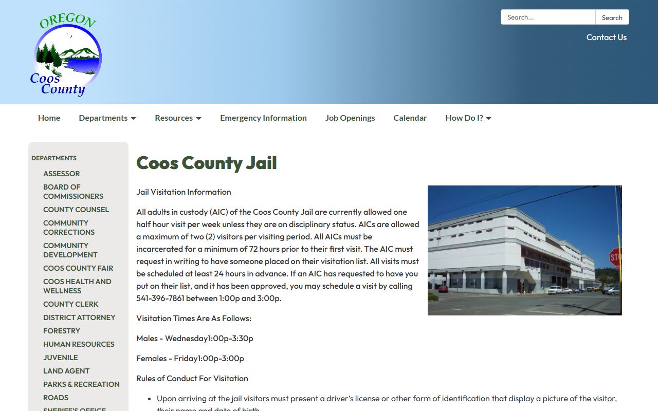 Coos County inmate records jail visitation rules