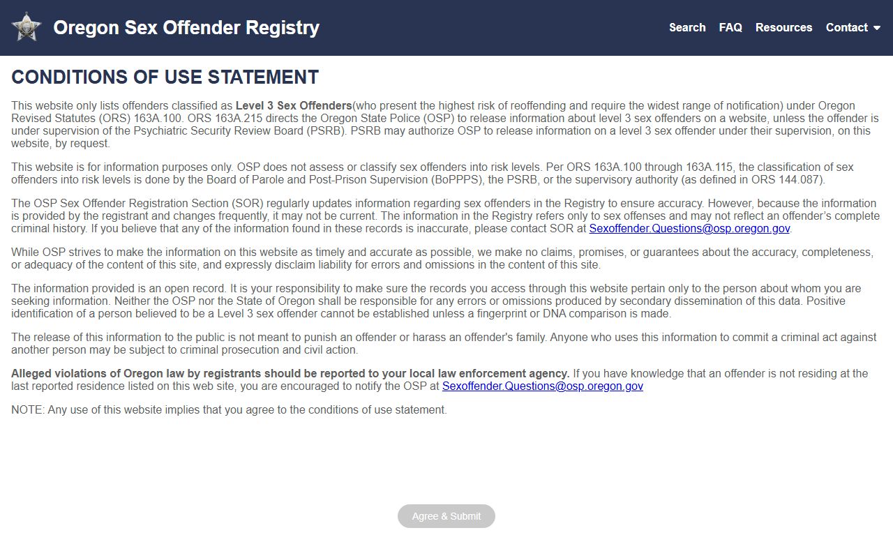 Coos County inmate records Oregon State Police sex offender registry
