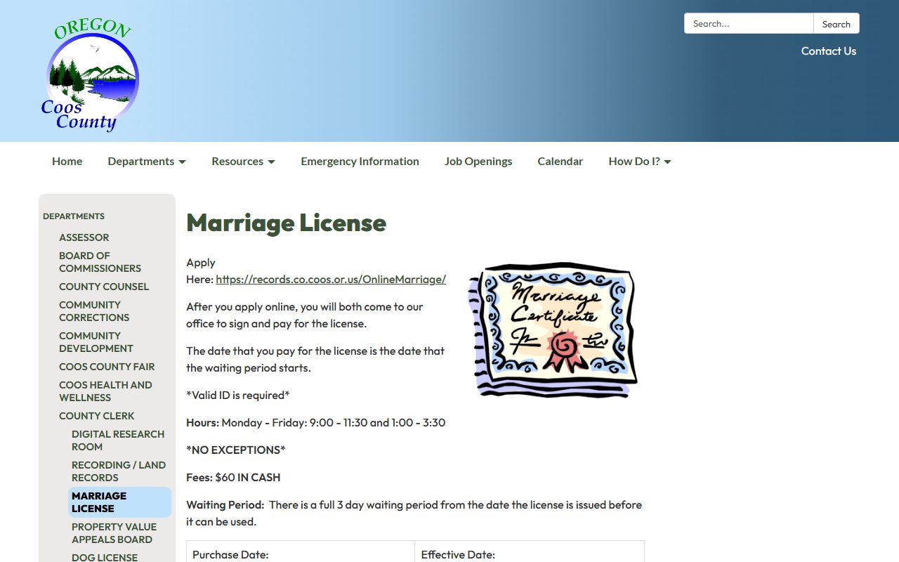 Coos County marriage records marriage license page