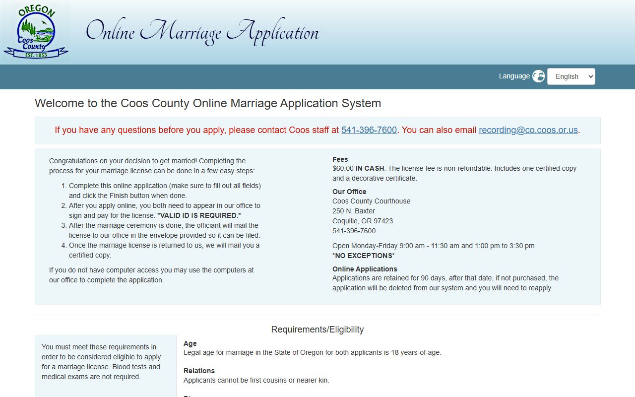 Coos County marriage records online marriage application