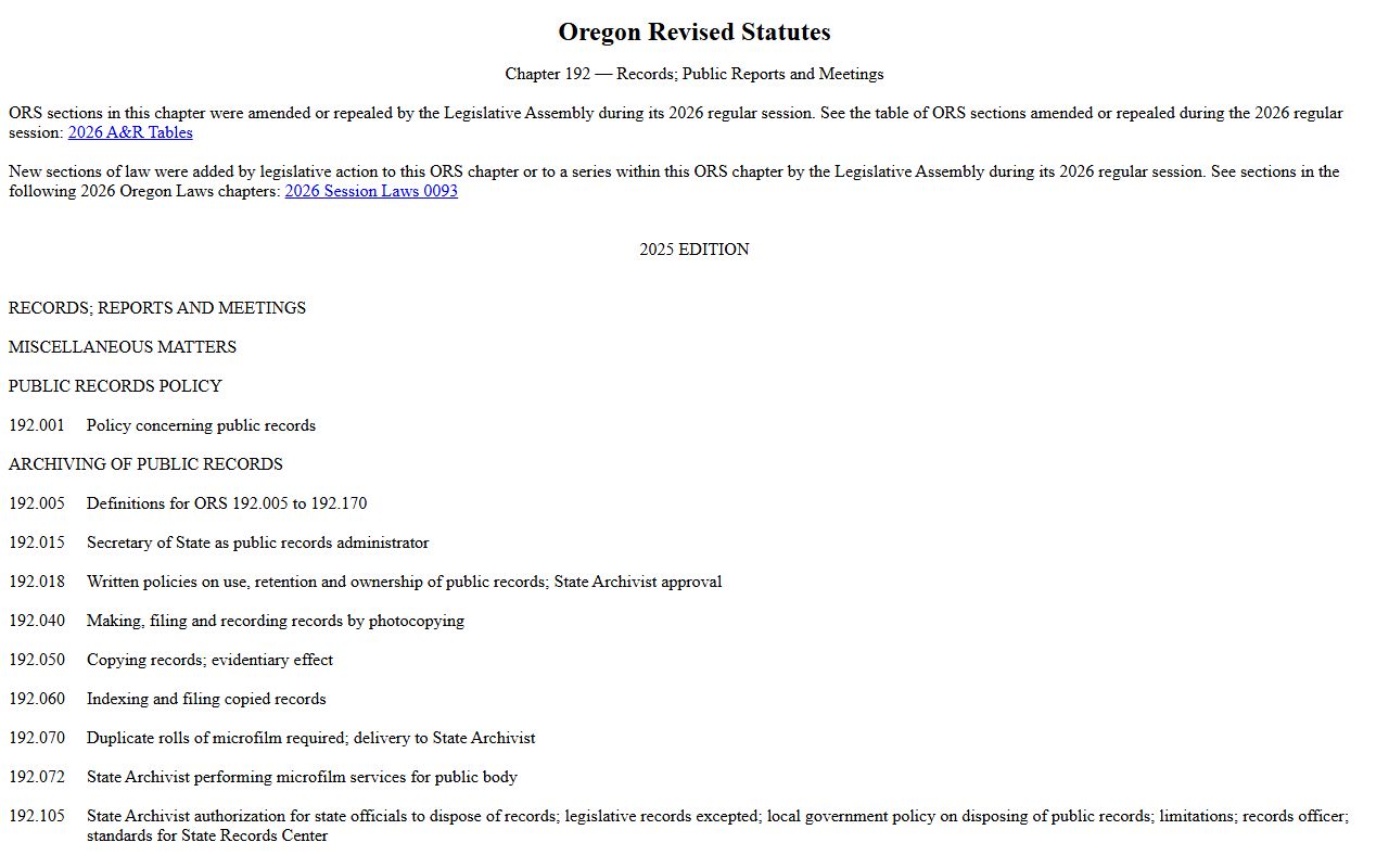Coos County probate records ORS chapter 192 public records
