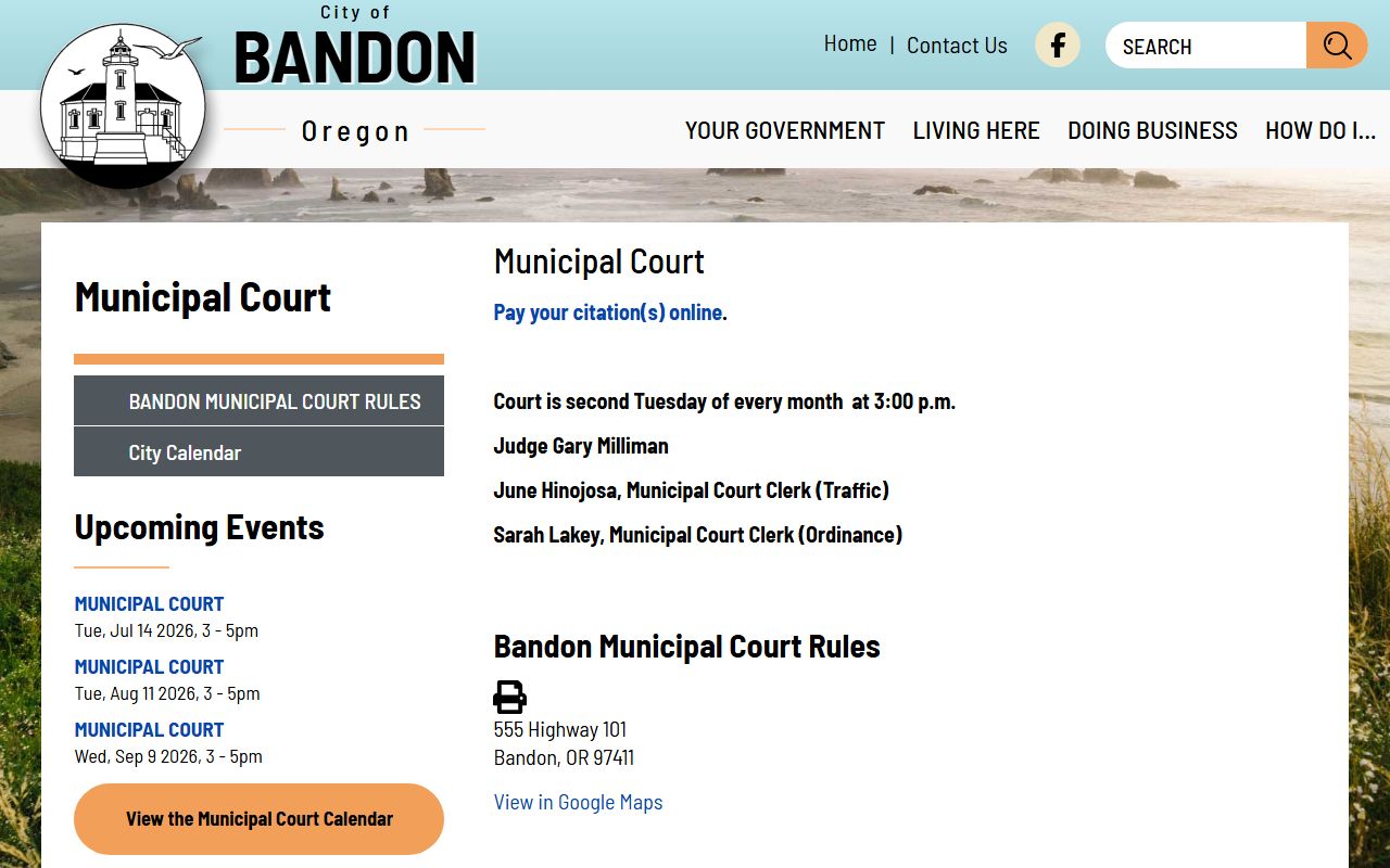 Coos County traffic court records Bandon Municipal Court