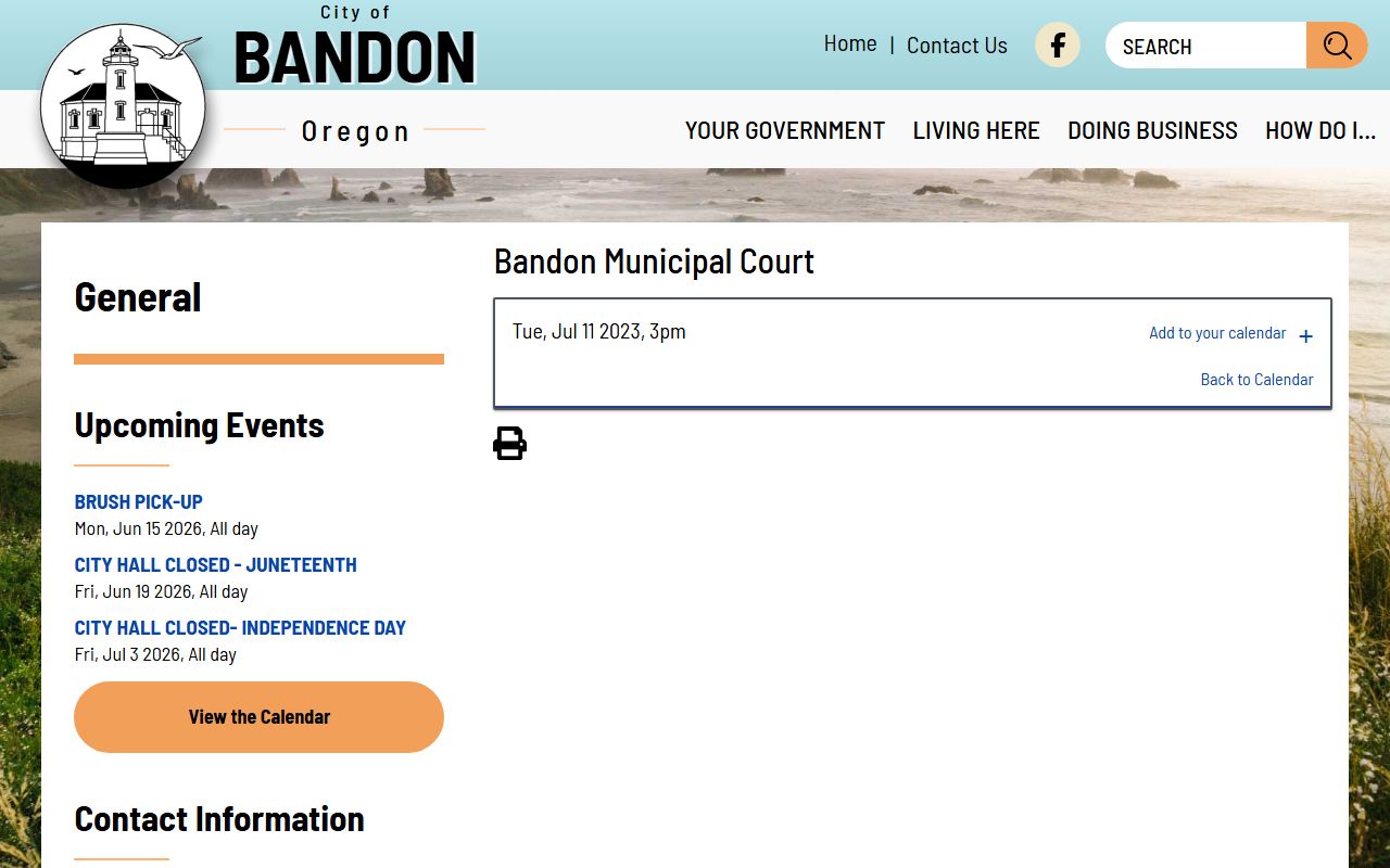 Coos County traffic court records Bandon Municipal Court contact