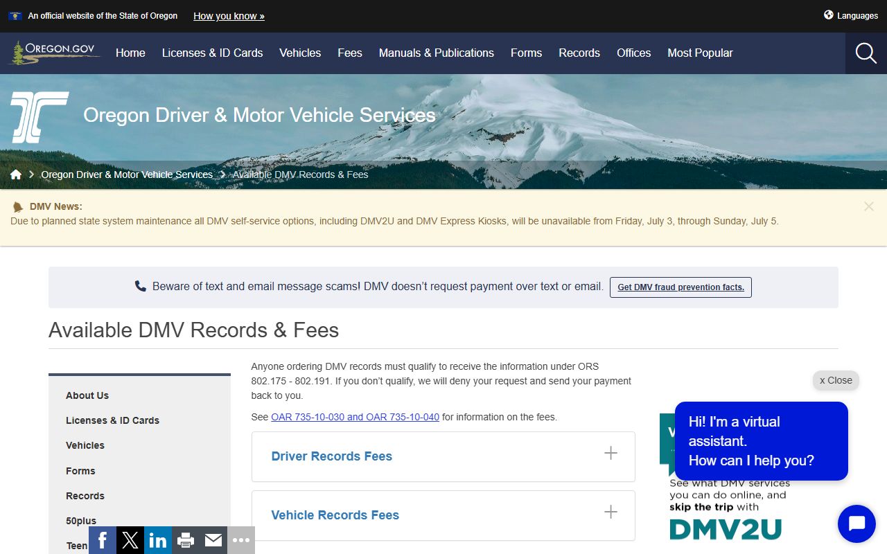 Coos County traffic court records Oregon DMV available records